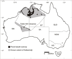 The extent of the Kalkarindji Large Igneous Province (grey), based on chemistry and isotopic age dating of outcropping rocks (black) and drill core samples.